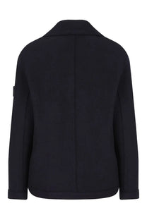 Stone Island men’s double breasted blue coat with structured collar and subtle seam detailing in wool blend