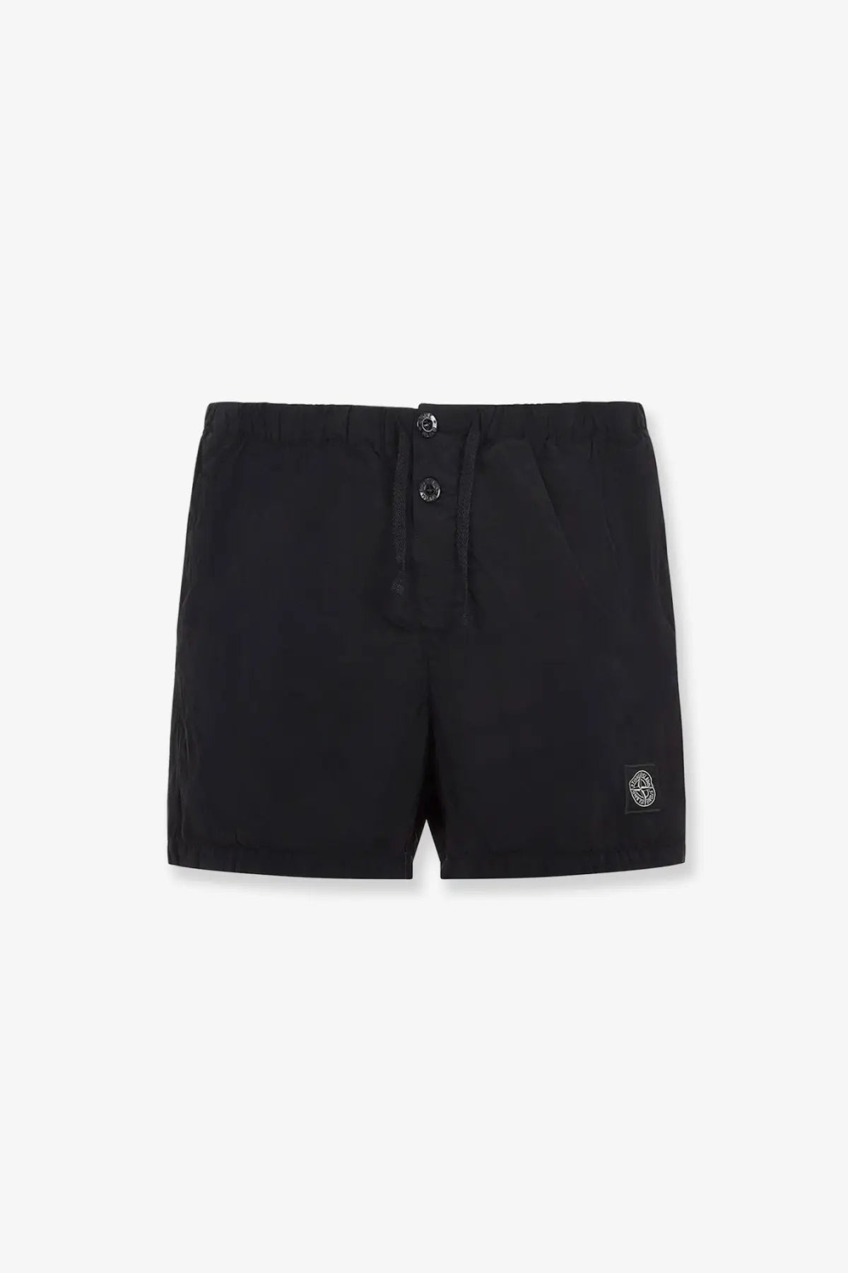 Stone Island men’s econylon swim trunks in black with a subtle woven logo patch on the lower right leg