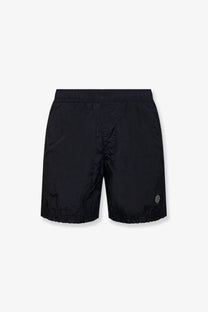 Stone Island men’s black econylon swim trunks with elastic waistband and logo patch on lower right leg