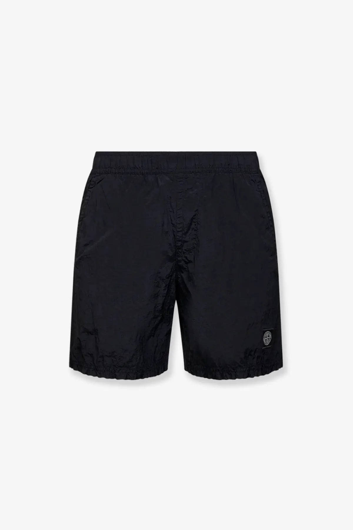 Stone island men’s econylon swim trunks in black nylon with elastic waistband and logo patch on lower right leg