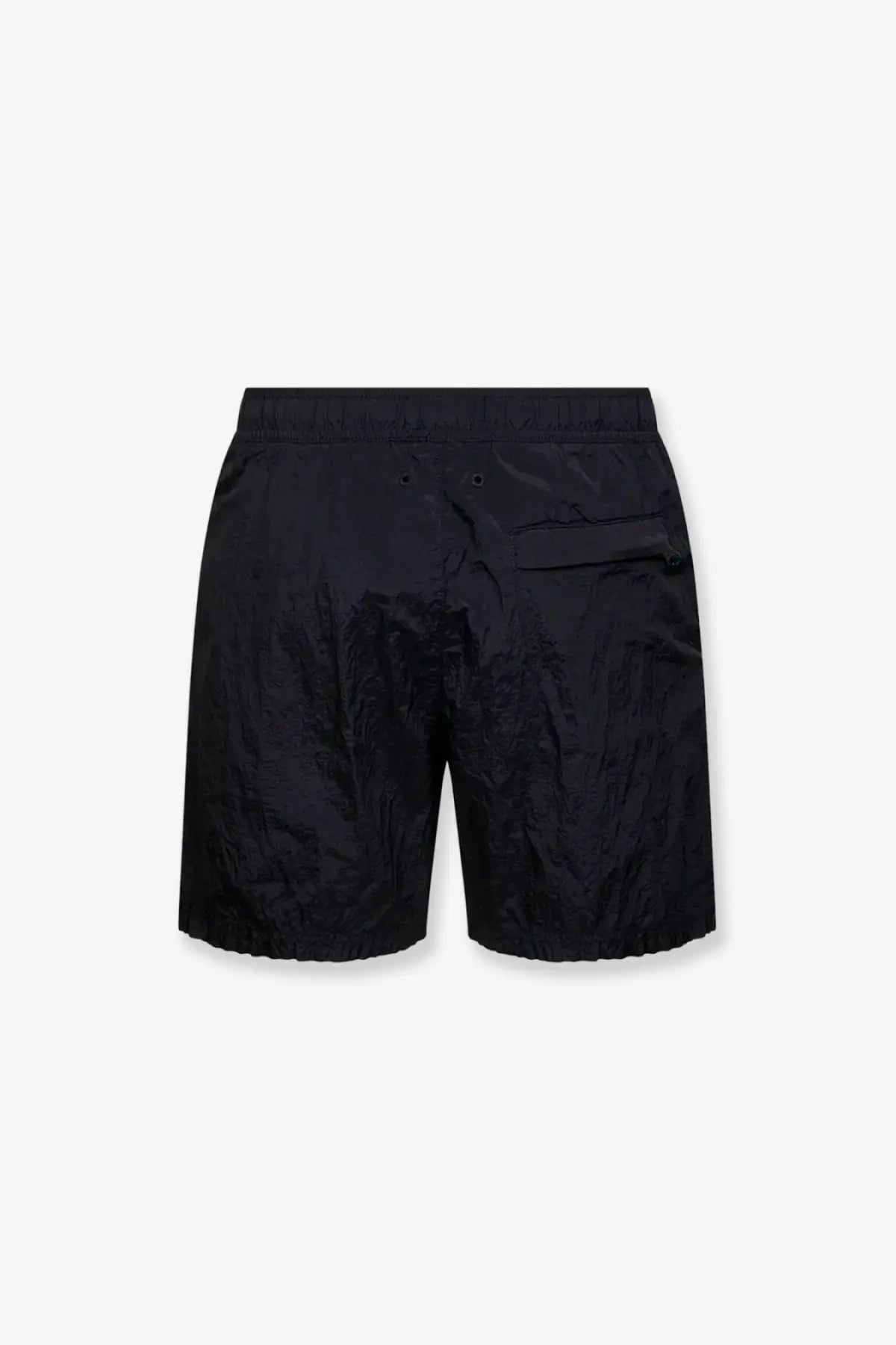 Stone Island men’s econylon swim trunks black with subtle pattern textured fabric and elastic waistband
