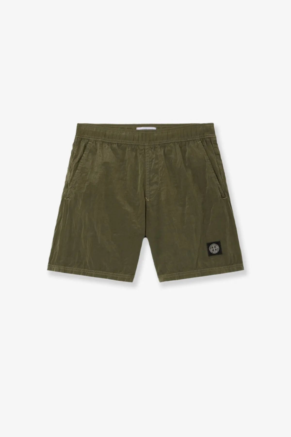 Stone Island men’s olive green cotton econylon swim trunks with black logo patch on lower right leg