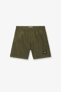 Stone Island men’s olive green cotton econylon swim trunks with black logo patch on lower right leg
