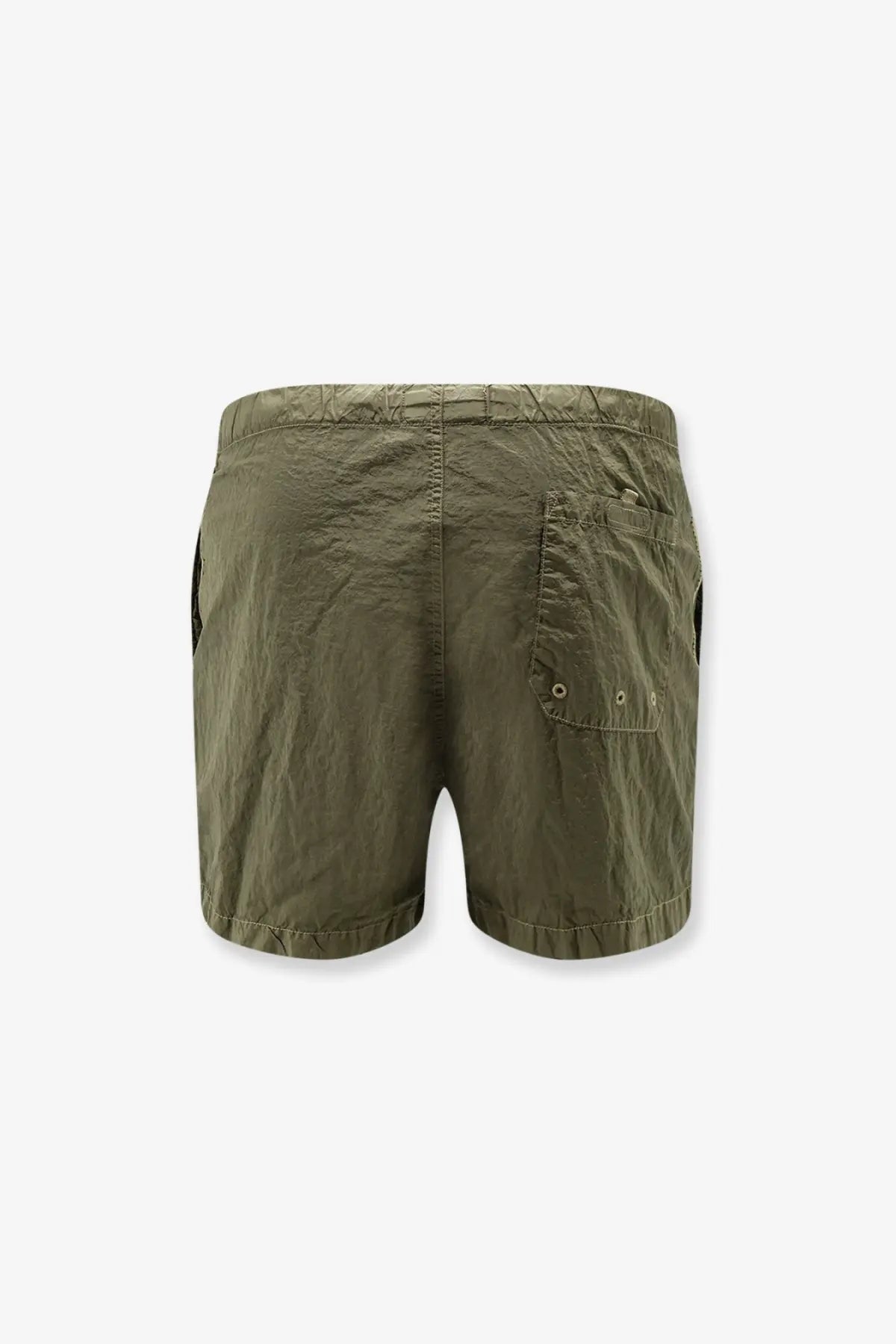 Back view of stone island men’s olive green econylon swim trunks with textured fabric and a silver eyelet pocket