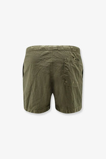 Back view of stone island men’s olive green econylon swim trunks with textured fabric and a silver eyelet pocket