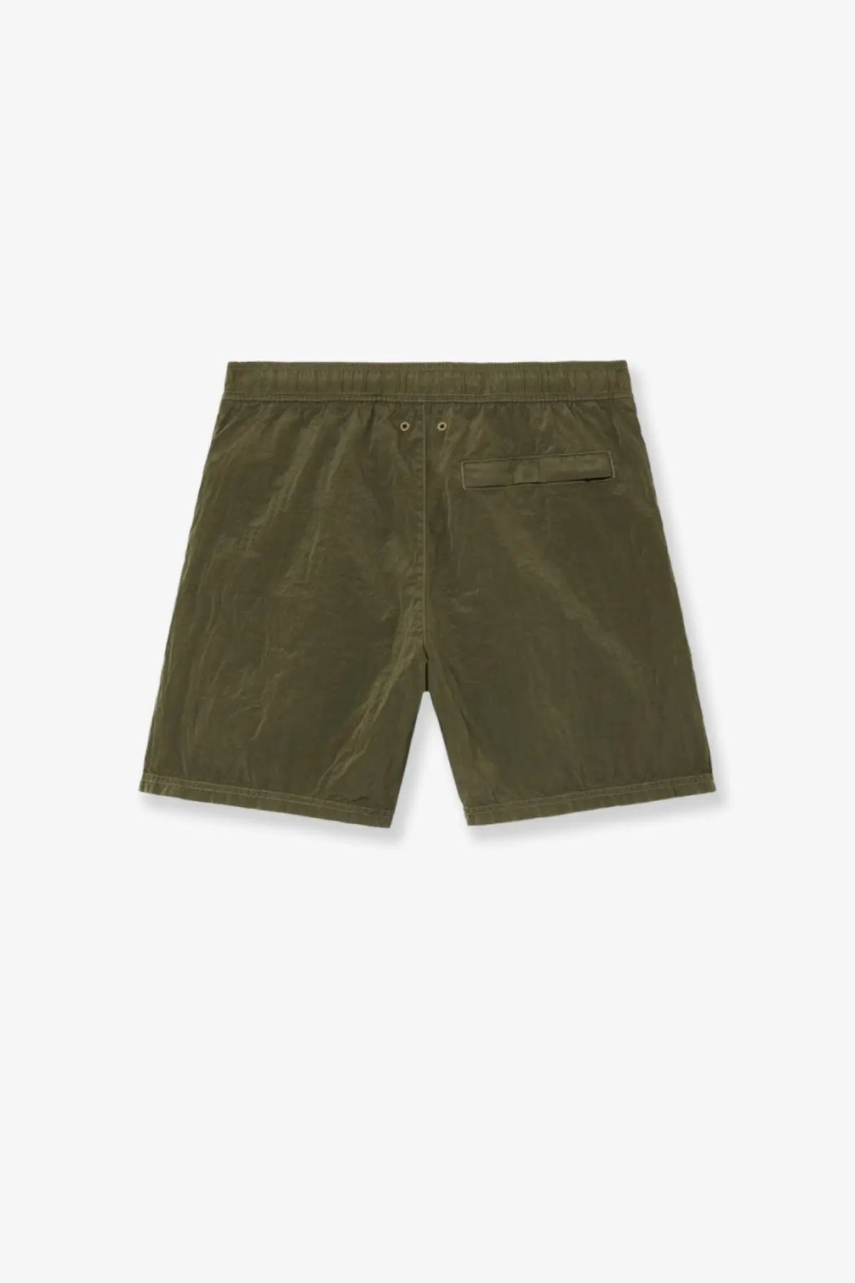 Stone island men’s econylon swim trunks green shown from the back with olive green drawstring waistband and back pocket
