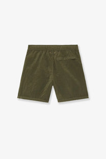 Stone island men’s econylon swim trunks green shown from the back with olive green drawstring waistband and back pocket