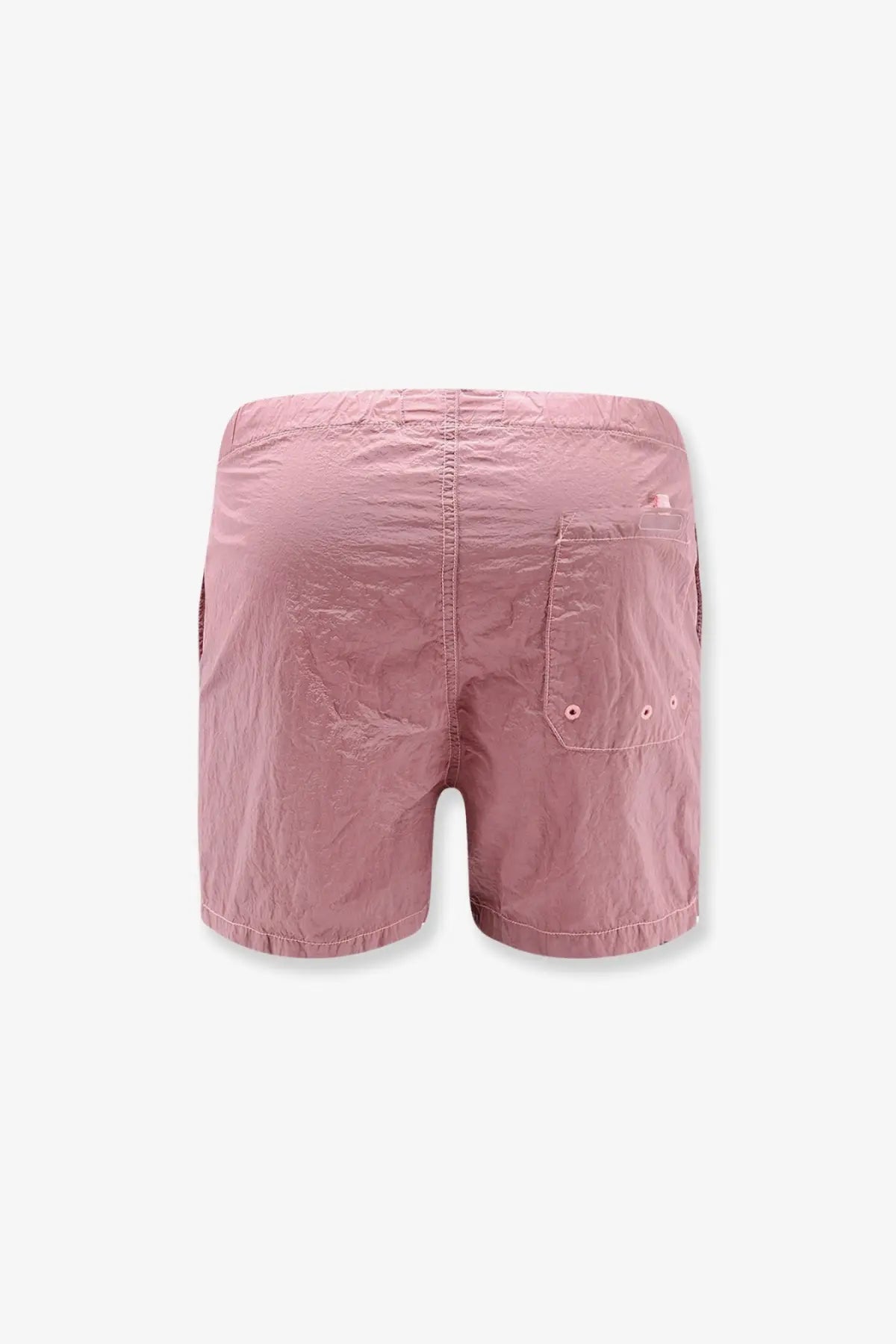 Back view of stone island men’s econylon swim trunks in pink with a single back pocket and subtle stitching details