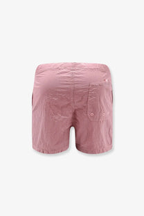 Back view of stone island men’s econylon swim trunks in pink with a single back pocket and subtle stitching details