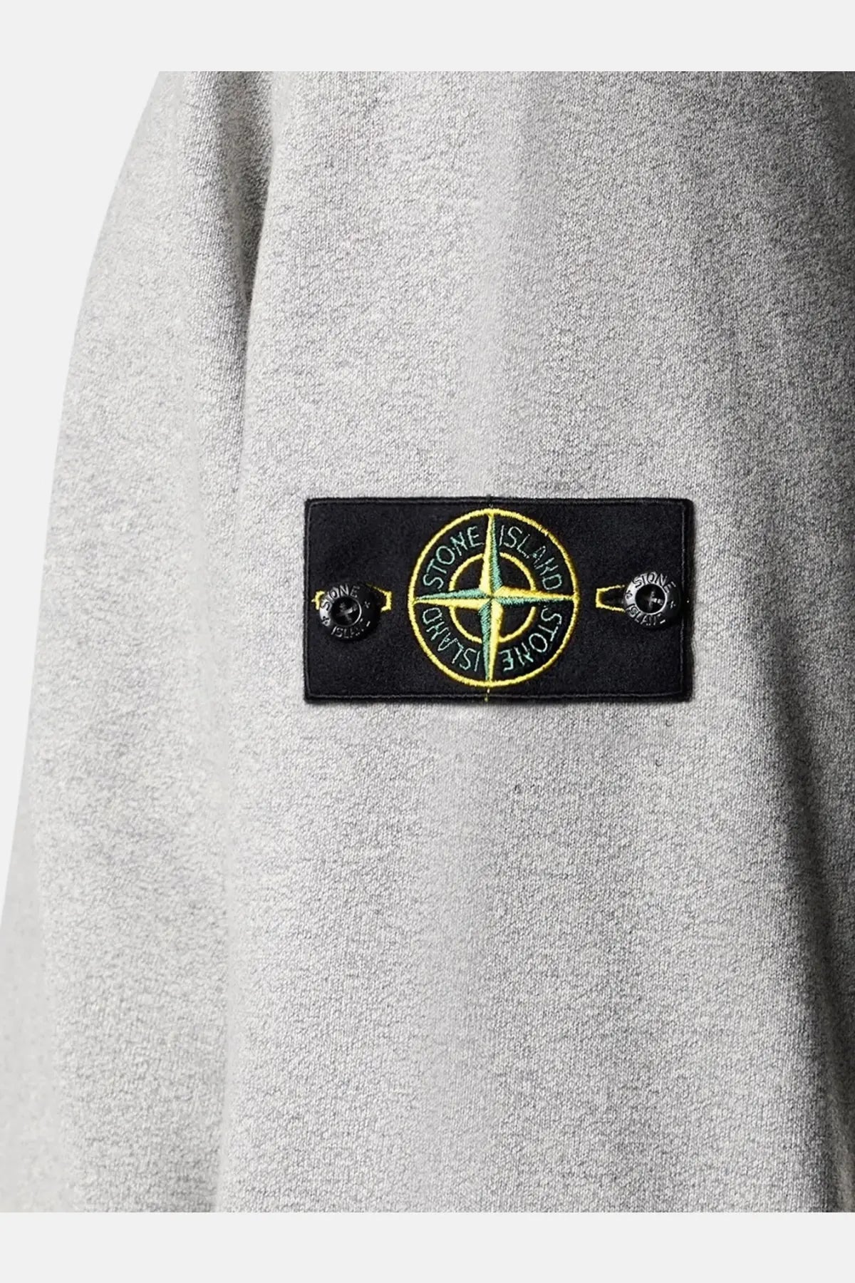 Stone Island men’s élange cotton sweatshirt grey with black patch featuring yellow and green compass logo and metallic buttons