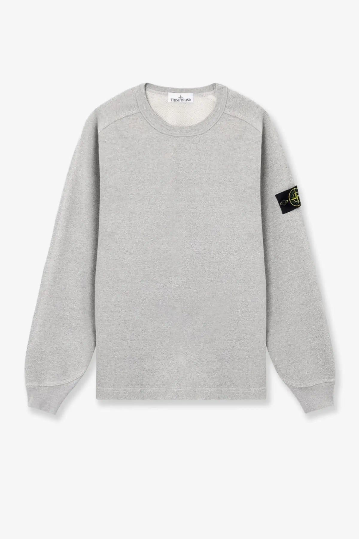 Stone Island men’s élange cotton sweatshirt grey with ribbed crew neck cuffs and logo patch on left sleeve
