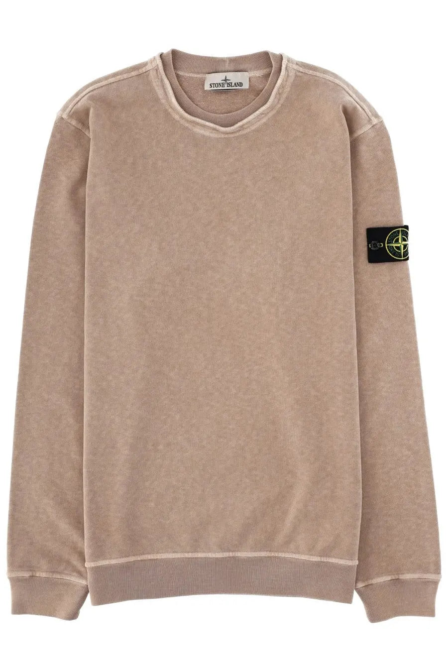 Stone Island men’s beige sweatshirt with ribbed cuffs and hem featuring a black patch on the left sleeve