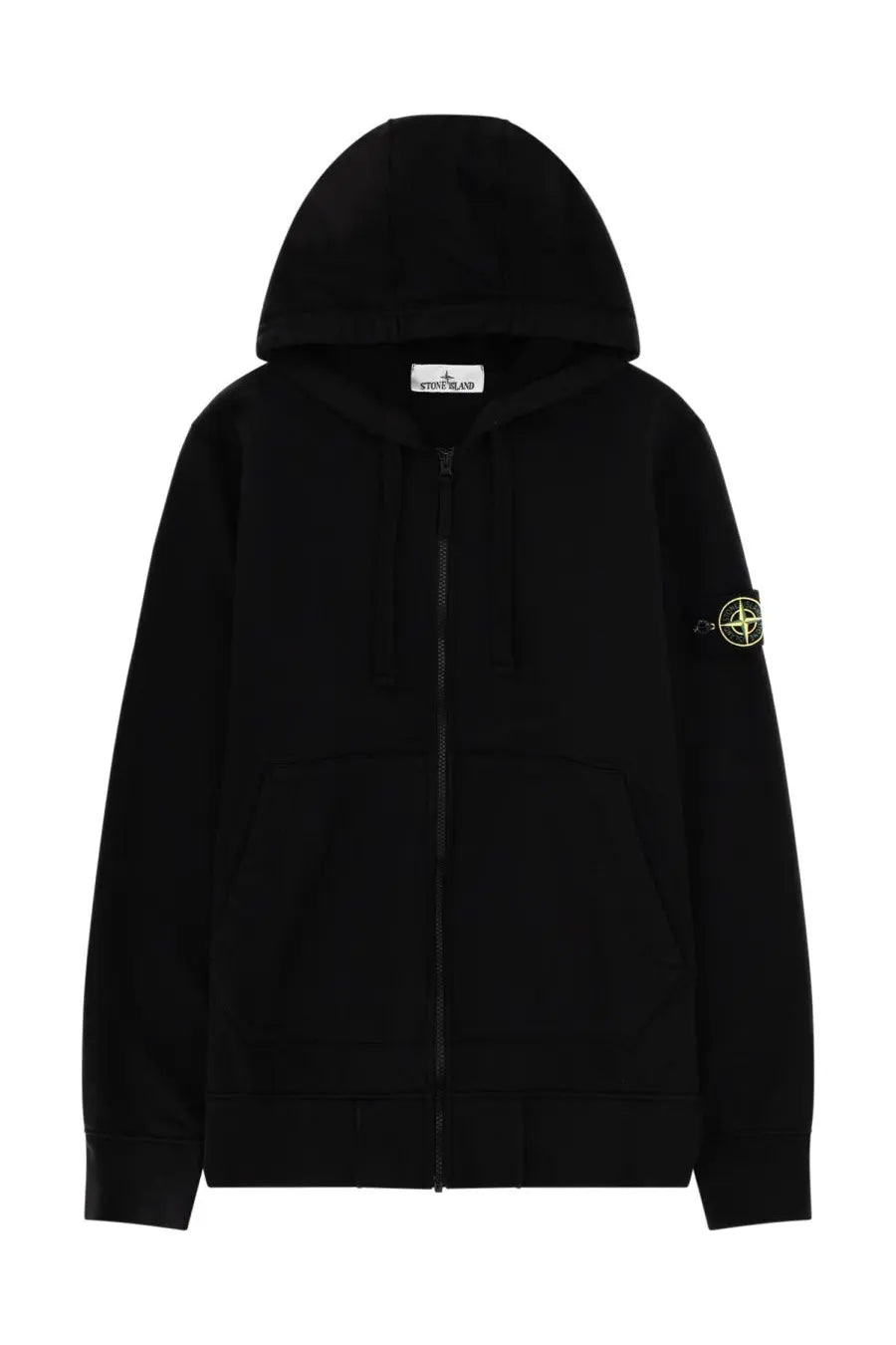 Stone island men’s felpa con patch black zip-up hoodie with subtle yellow logo on sleeve and collar brand tag