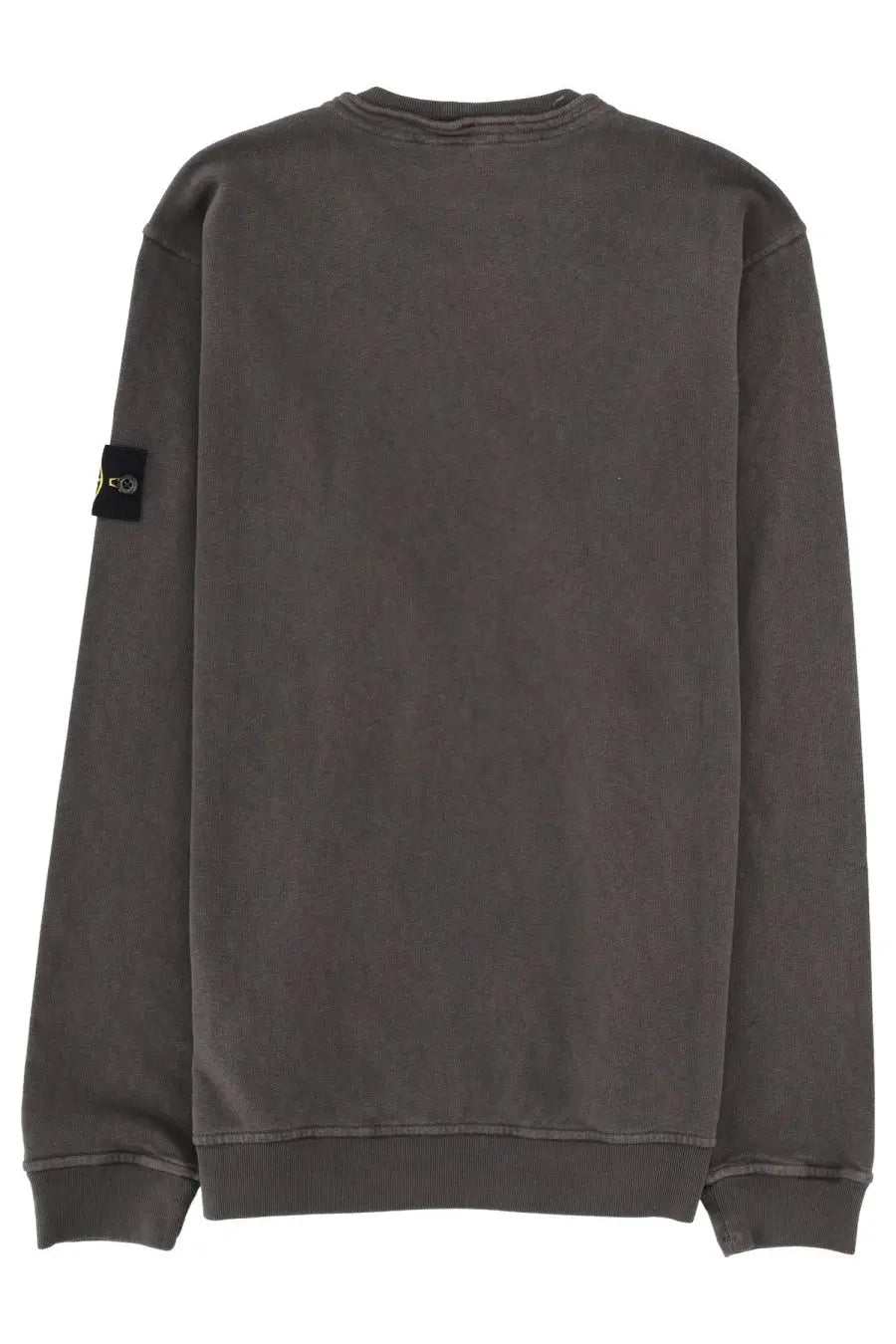 Stone Island men’s felpa con patch grey dark gray crewneck sweatshirt with black left sleeve patch and yellow logo
