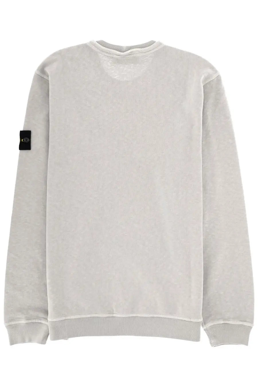 Stone Island men’s light gray long-sleeved sweatshirt with ribbed hem cuffs and black patch on left sleeve