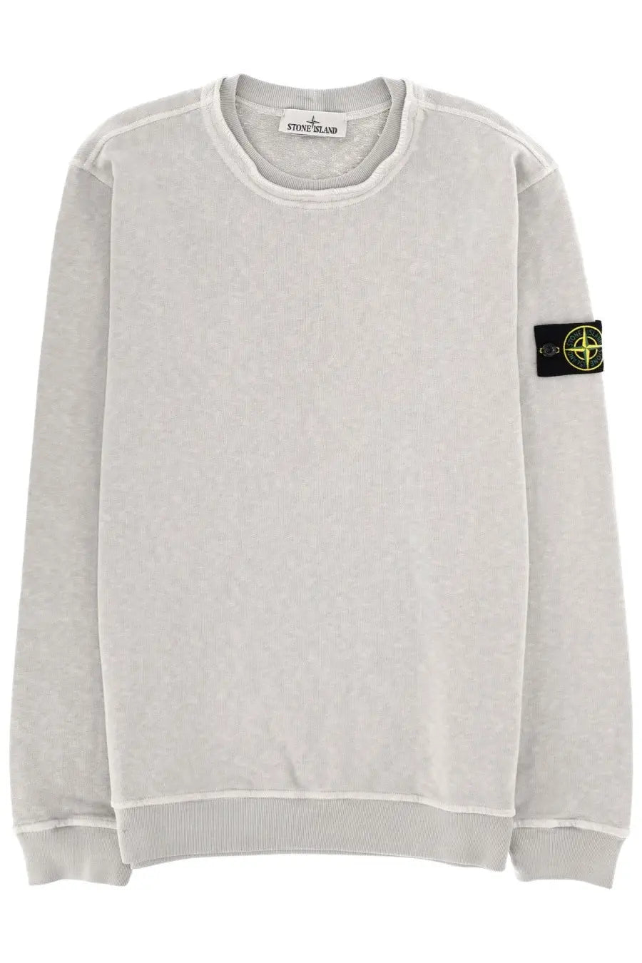 Stone Island men’s felpa con patch grey light gray stone sweatshirt with black patch and yellow compass logo on left sleeve