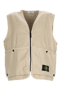 Stone island men’s beige utility vest with black zipper buttoned pockets and logo patch for casual wear