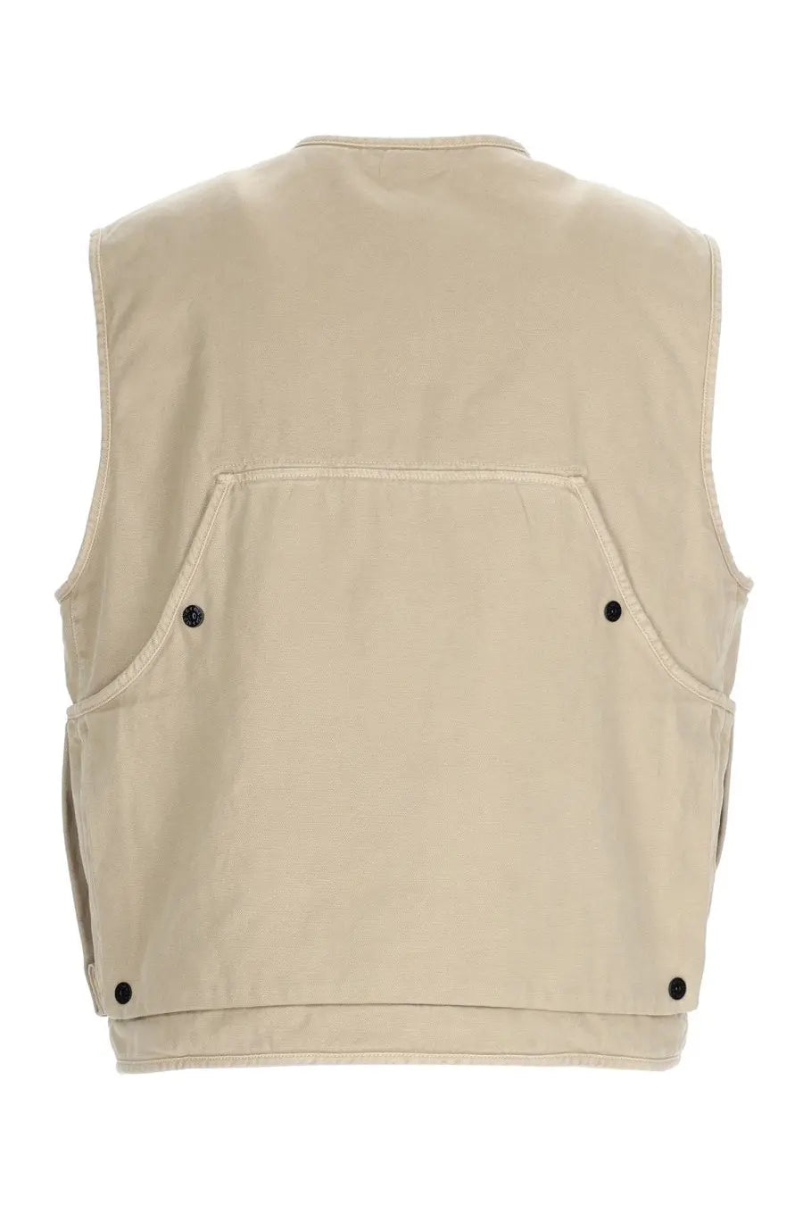 Stone island men’s beige utility gilet oversize with two front pockets and black buttoned hem