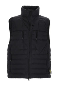 Stone Island men’s black puffer vest with high collar, front zipper, nylon material, and drawstring side pockets