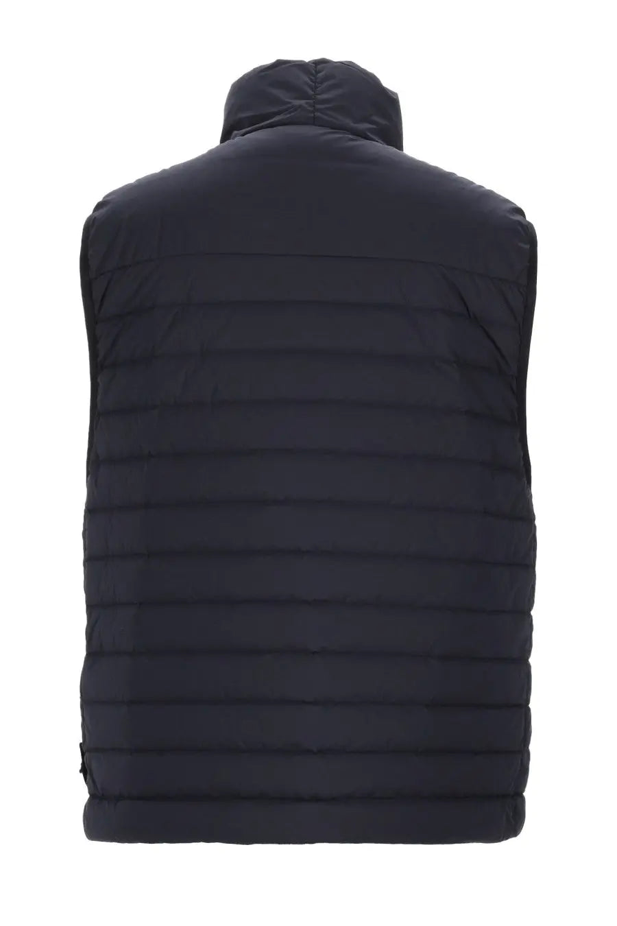Black quilted puffer vest with hood perfect for layering in cold weather