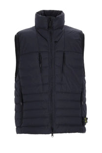 Stone Island men’s dark navy quilted puffer vest with high collar and front zipper in seamless nylon blue