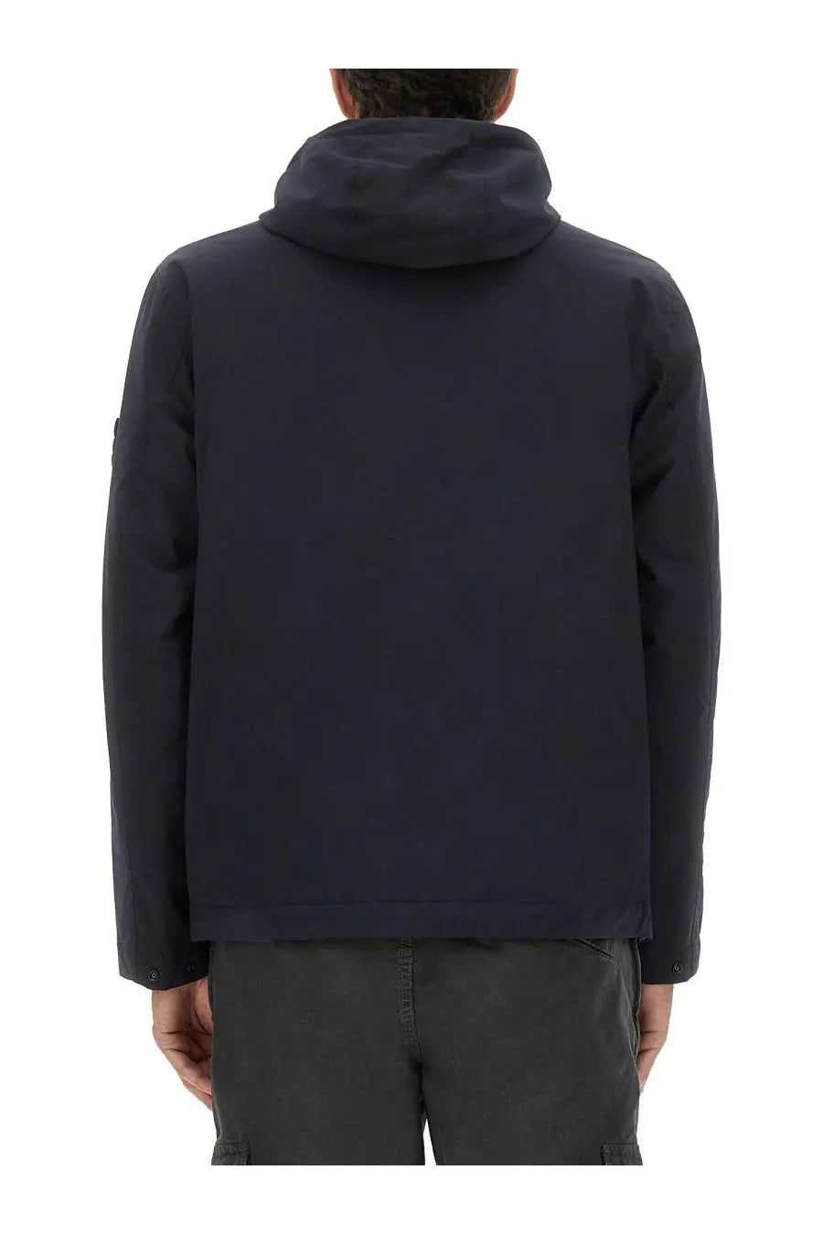 Stone island men’s hooded jacket blue in dark navy with sleek modern design and subtle seam detailing