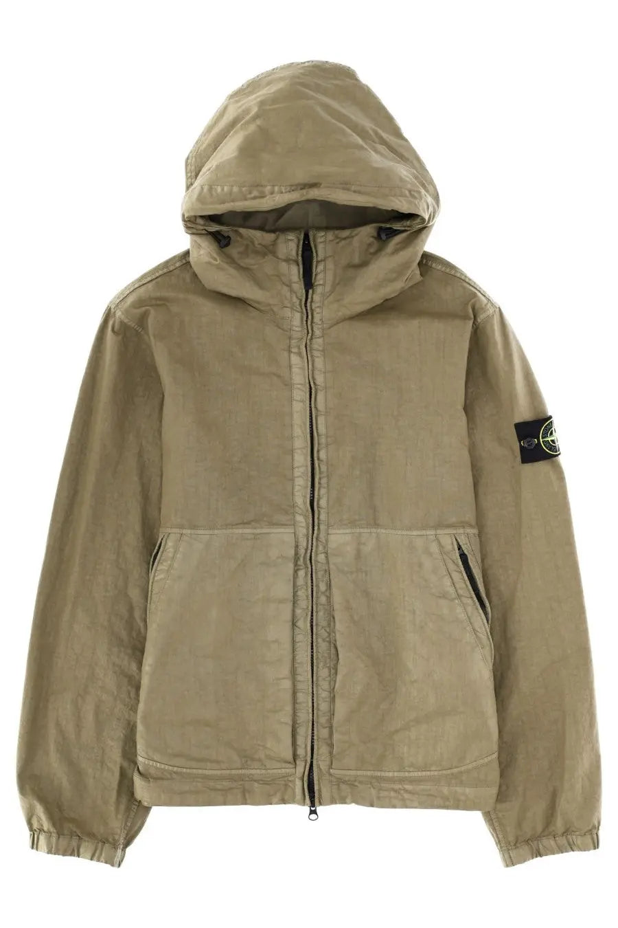 Stone Island men’s beige hooded jacket with black zipper, two front pockets, and brand patch on left sleeve