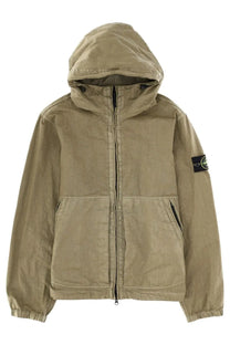 Stone Island men’s beige hooded jacket with black zipper, two front pockets, and brand patch on left sleeve