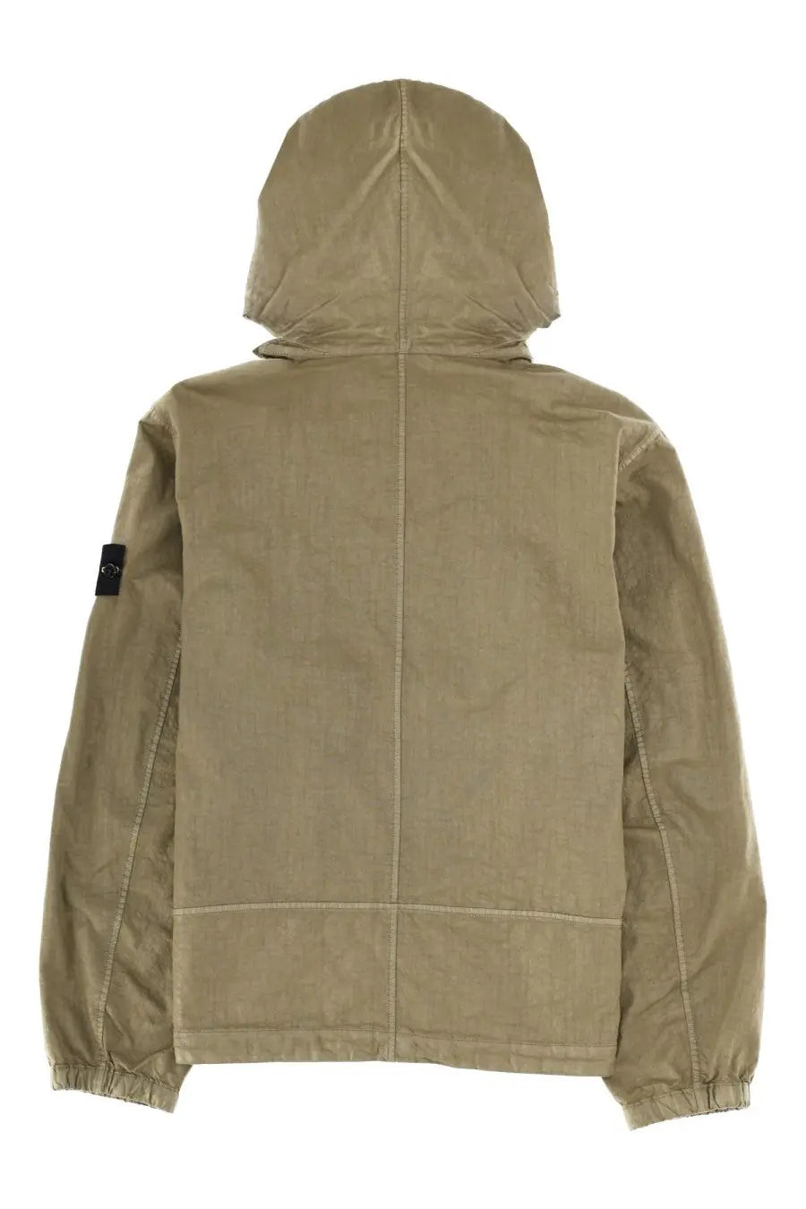 Stone Island men’s tan hooded jacket with subtle texture and reinforced stitching featuring logo patch on left sleeve