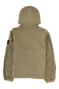 Stone Island men’s tan hooded jacket with subtle texture and reinforced stitching featuring logo patch on left sleeve