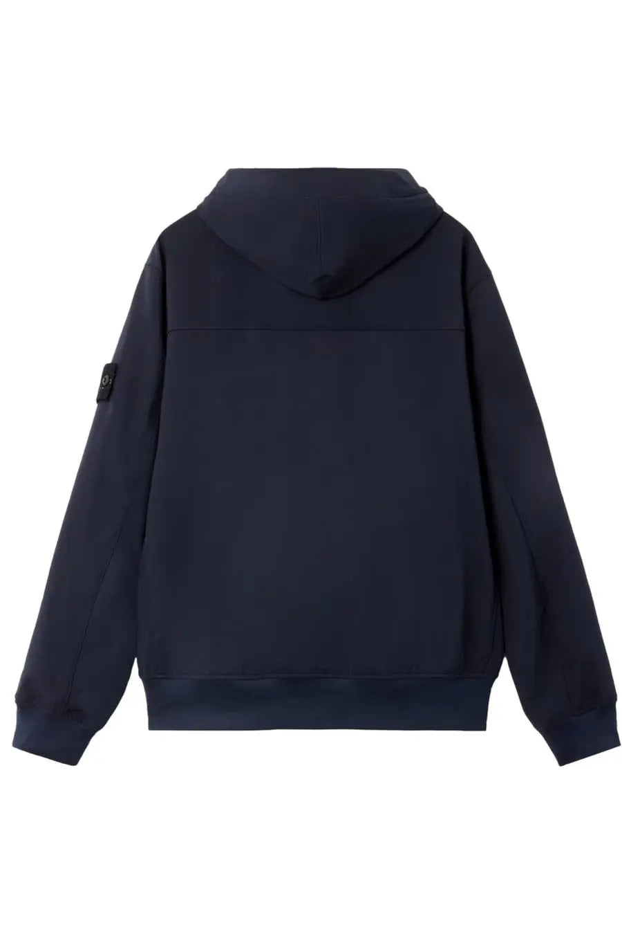 Stone island men’s hooded parka in dark navy blue with subtle textured fabric and black logo patch on left sleeve