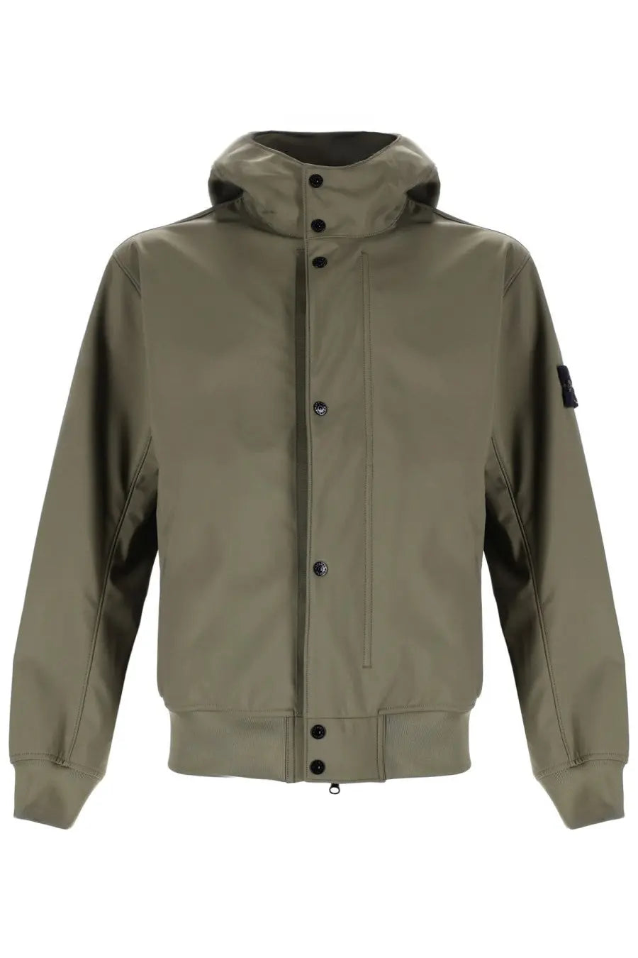 Stone Island men’s hooded parka green in olive with black buttons and subtle brand patch on the sleeve