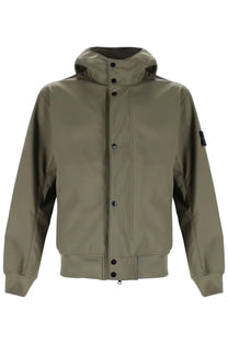 Stone Island men’s hooded parka green in olive with black buttons and subtle brand patch on the sleeve