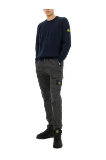 Stone island men’s jersey blue dark gray cargo pants with multiple pockets and yellow logo patches on thigh sleeve and ankle