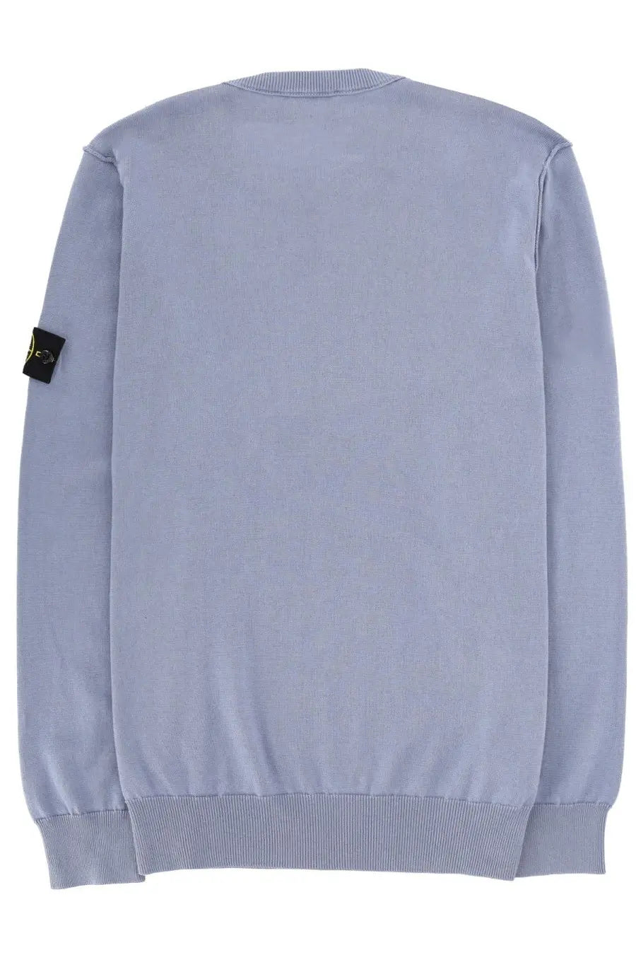 Stone Island men’s jersey blue light blue knit sweater with ribbed cuffs and hem featuring black sleeve patch