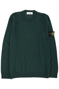 Stone Island men’s jersey green crewneck sweater in dark green with ribbed cuffs and black compass rose sleeve patch