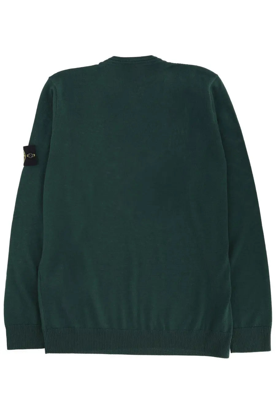 Stone island men’s jersey green dark green knit sweater with ribbed cuffs and hem and black sleeve patch