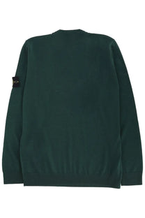 Stone island men’s jersey green dark green knit sweater with ribbed cuffs and hem and black sleeve patch