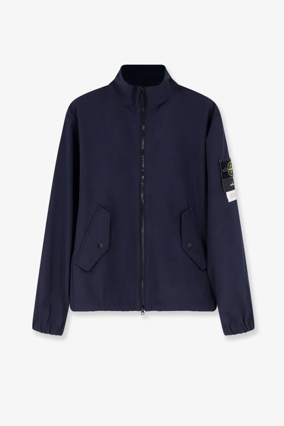 Stone Island men’s light soft shell Edye technology jacket in dark navy blue with high collar and chest flap pockets