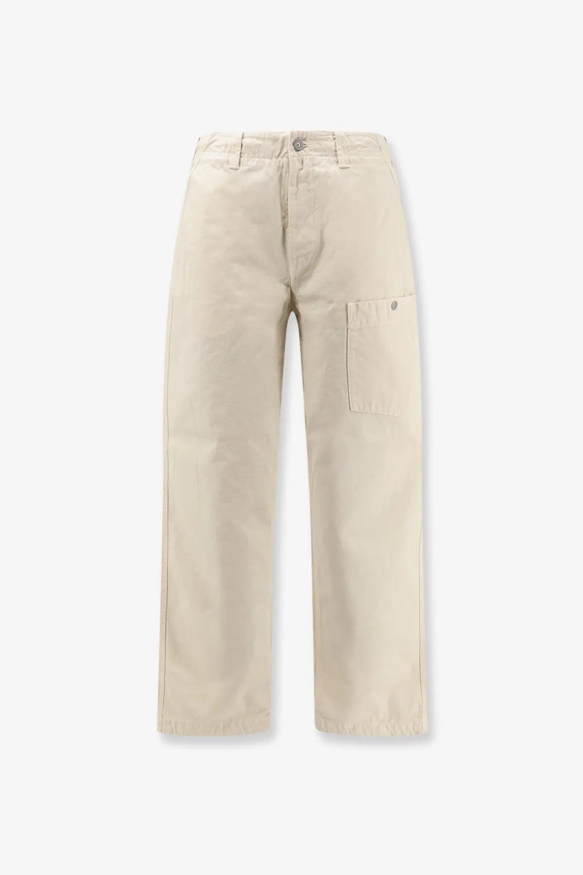 Stone Island men’s white loose cotton trousers with beige relaxed cargo pants and single thigh patch pocket