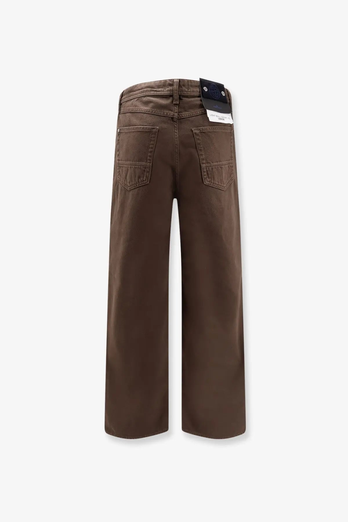 Back side of stone island men’s loose fit denim jeans umber in brown wide-leg classic denim fabric with two back pockets