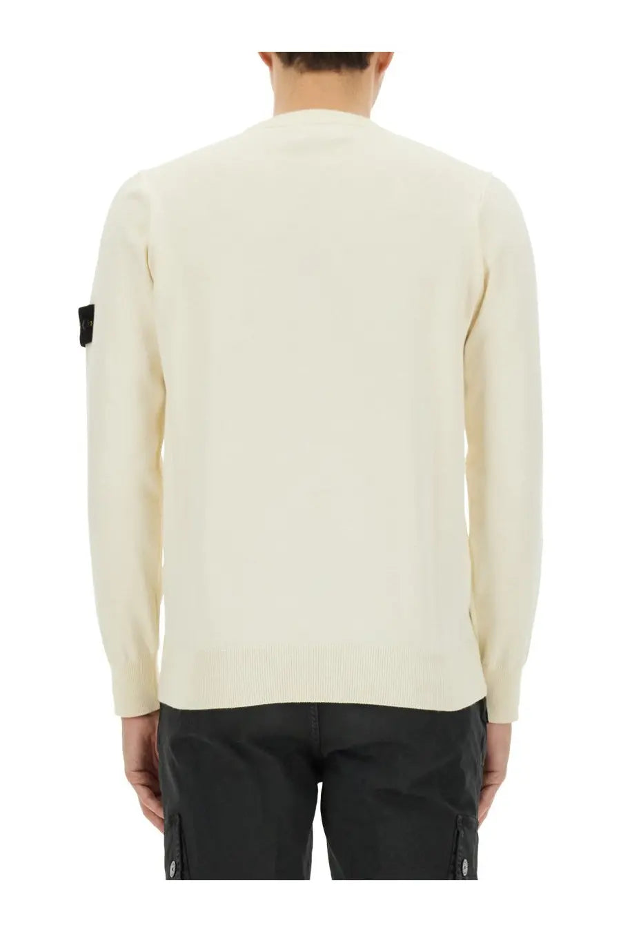 Stone Island men’s cream-colored knit sweater with ribbed hem cuffs and black patch on the left sleeve
