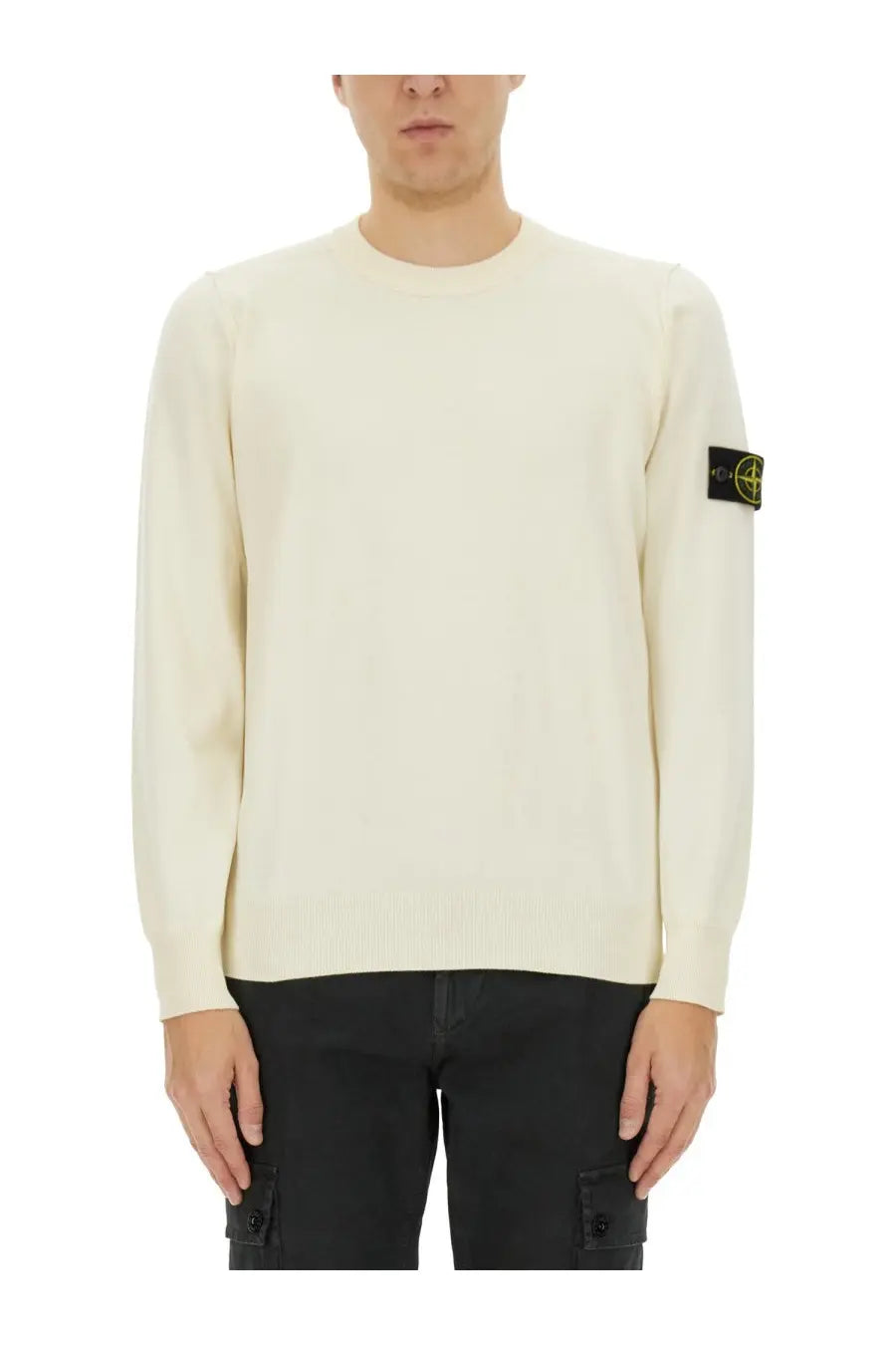 Stone Island men’s maglia con white cream long-sleeved knit sweater with black stone island logo patch on left sleeve
