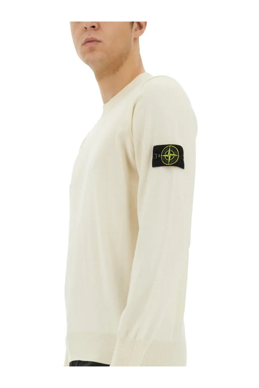 Stone Island men’s maglia con white cream long-sleeved knit sweater with black patch and yellow compass rose logo on sleeve
