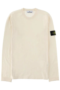 Stone Island men’s cream cotton crewneck sweater with black sleeve patch featuring signature compass rose logo