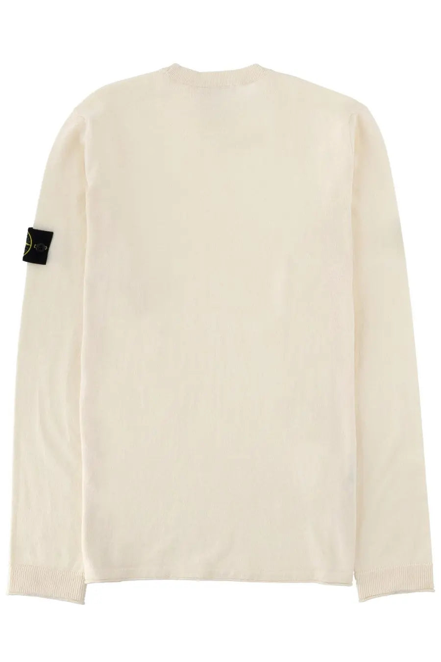 Stone Island men’s cream-colored long-sleeved cotton sweater with black patch and yellow logo on left sleeve