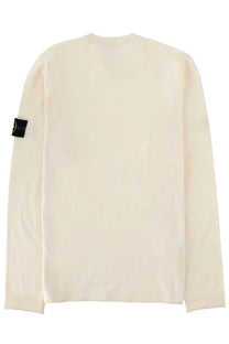 Stone Island men’s cream-colored long-sleeved cotton sweater with black patch and yellow logo on left sleeve