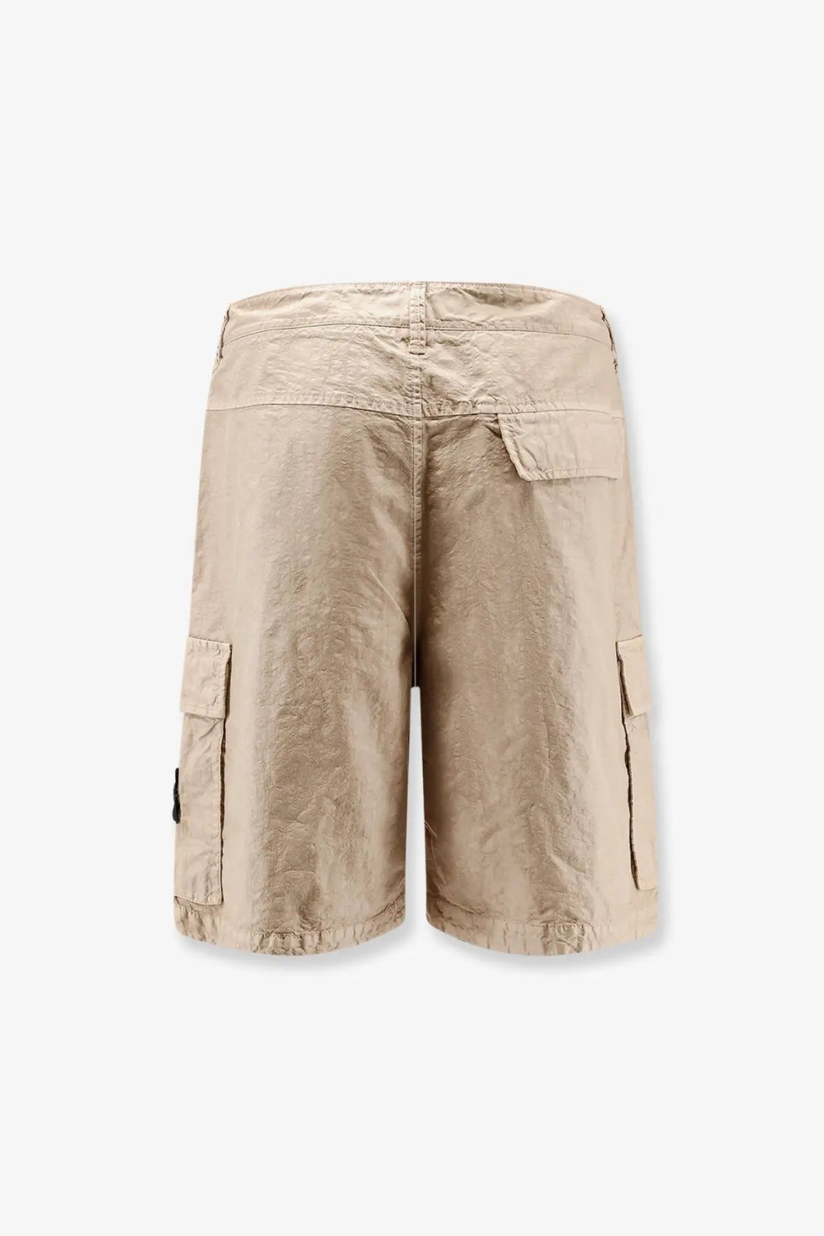 Stone island men’s nylon cargo shorts desert in beige with textured fabric and multiple pockets front view