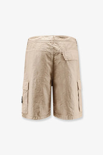 Stone island men’s nylon cargo shorts desert in beige with textured fabric and multiple pockets front view