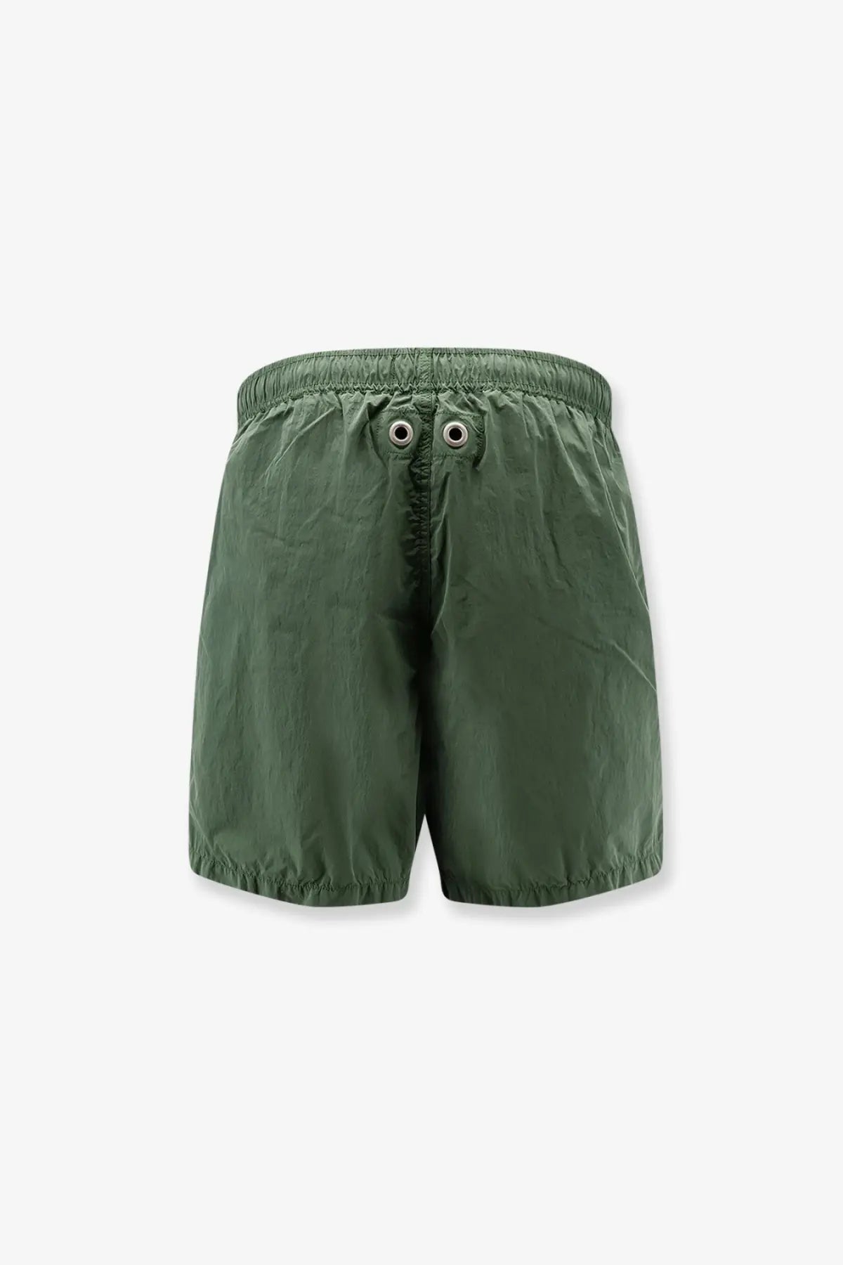 Stone island men’s nylon swim trunks in olive green with elastic waistband and silver drawstring eyelets